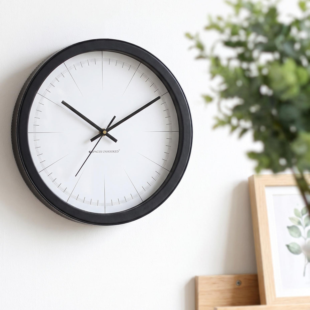 Spaces Unhooked Minimalist Round Wall Clock, No Numerals, Black Frame