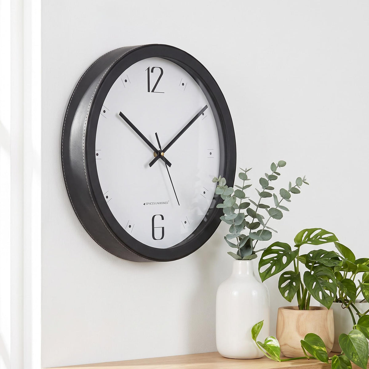 Spaces Unhooked Minimalist Round Wall Clock, 12 and 6 Numerals, Black