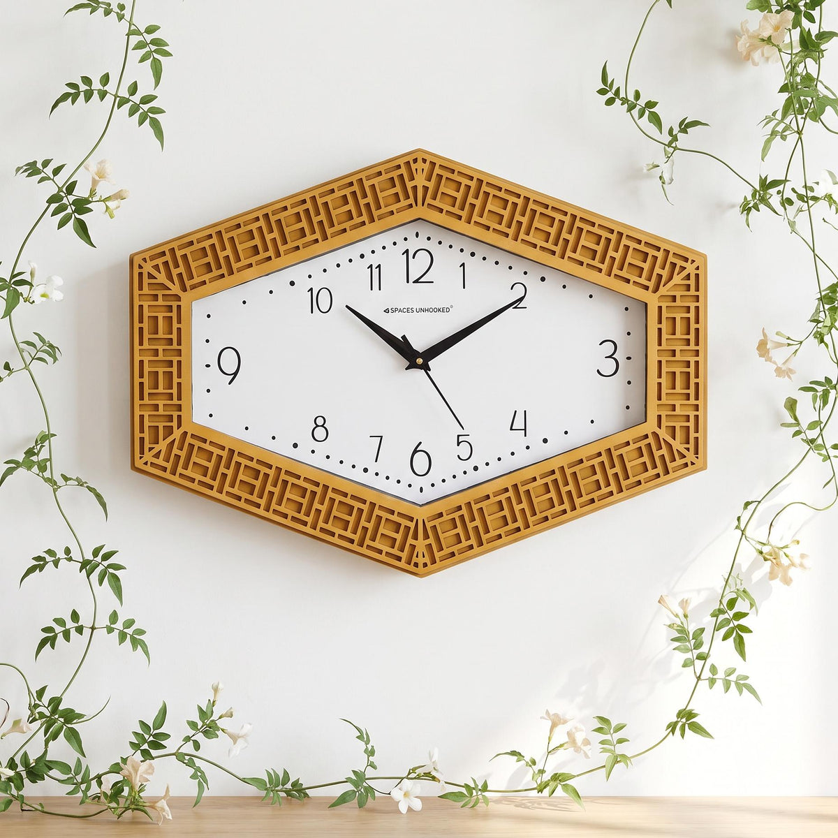 Spaces Unhooked Hexagonal Wall Clock, Mustard Gold Lattice Frame