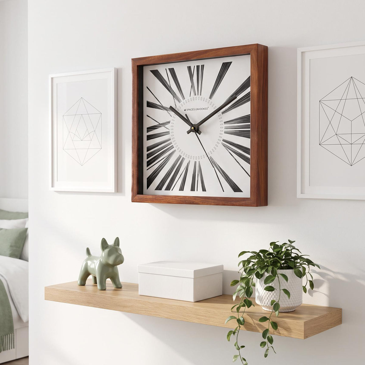 Spaces Unhooked Square Wooden Wall Clock, Tapered Roman Numerals