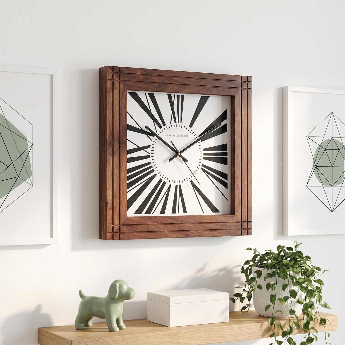 Spaces Unhooked Square Wooden Wall Clock, Grooved Roman Numerals