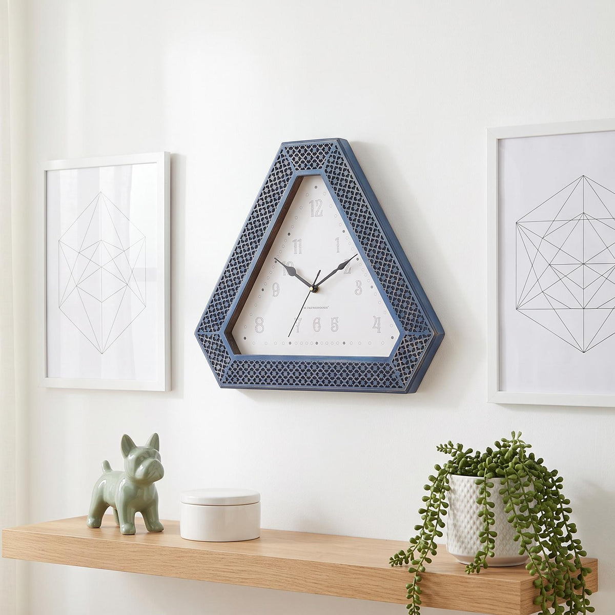 Spaces Unhooked Triangular Wall Clock, Blue Lattice Frame, White Dial