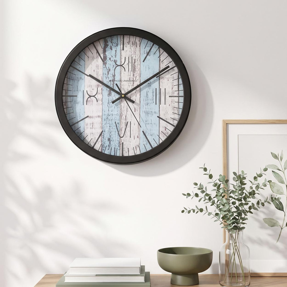 Spaces Unhooked Blue Distressed Plank Round Wall Clock