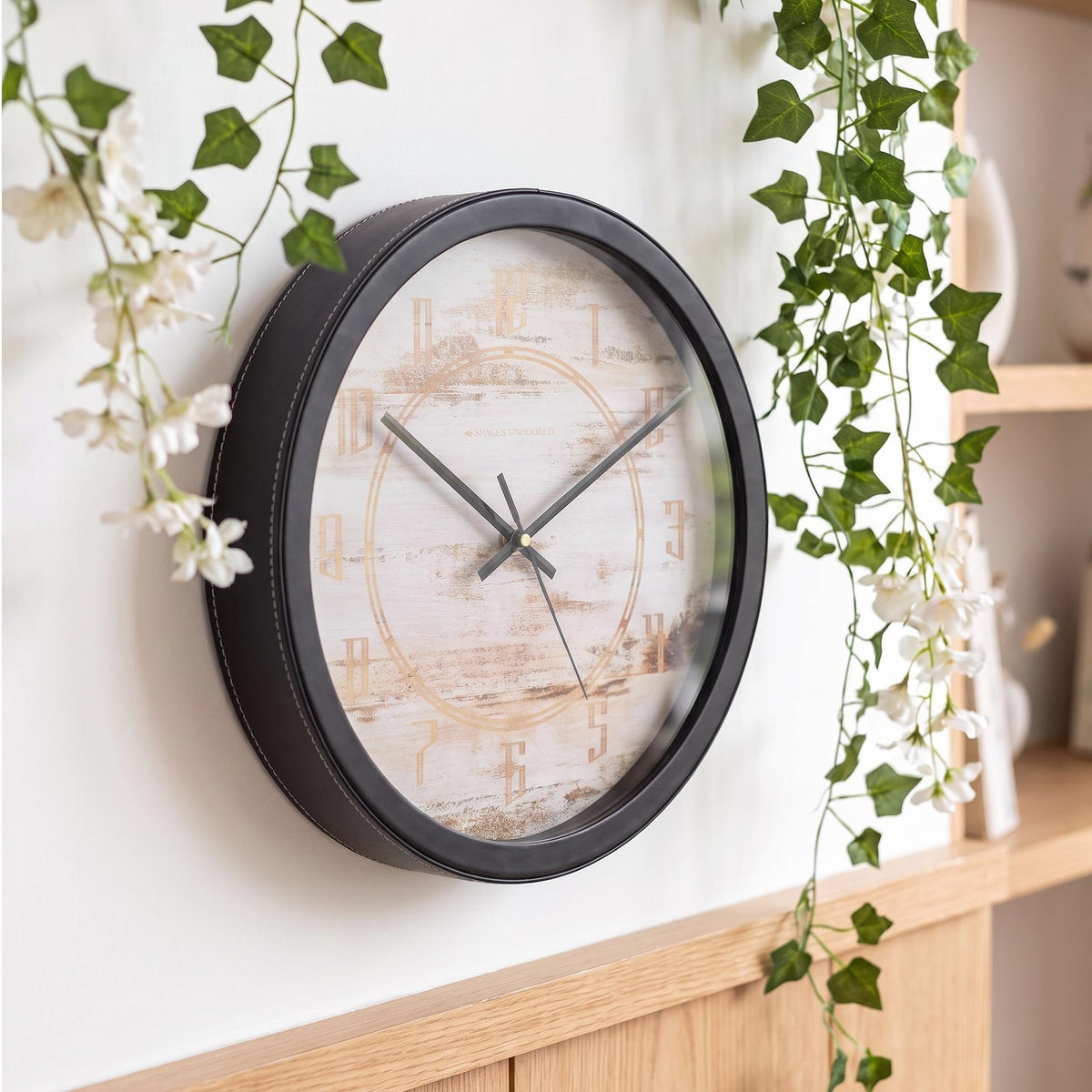 Spaces Unhooked Whitewashed Wood Look Round Wall Clock, Copper