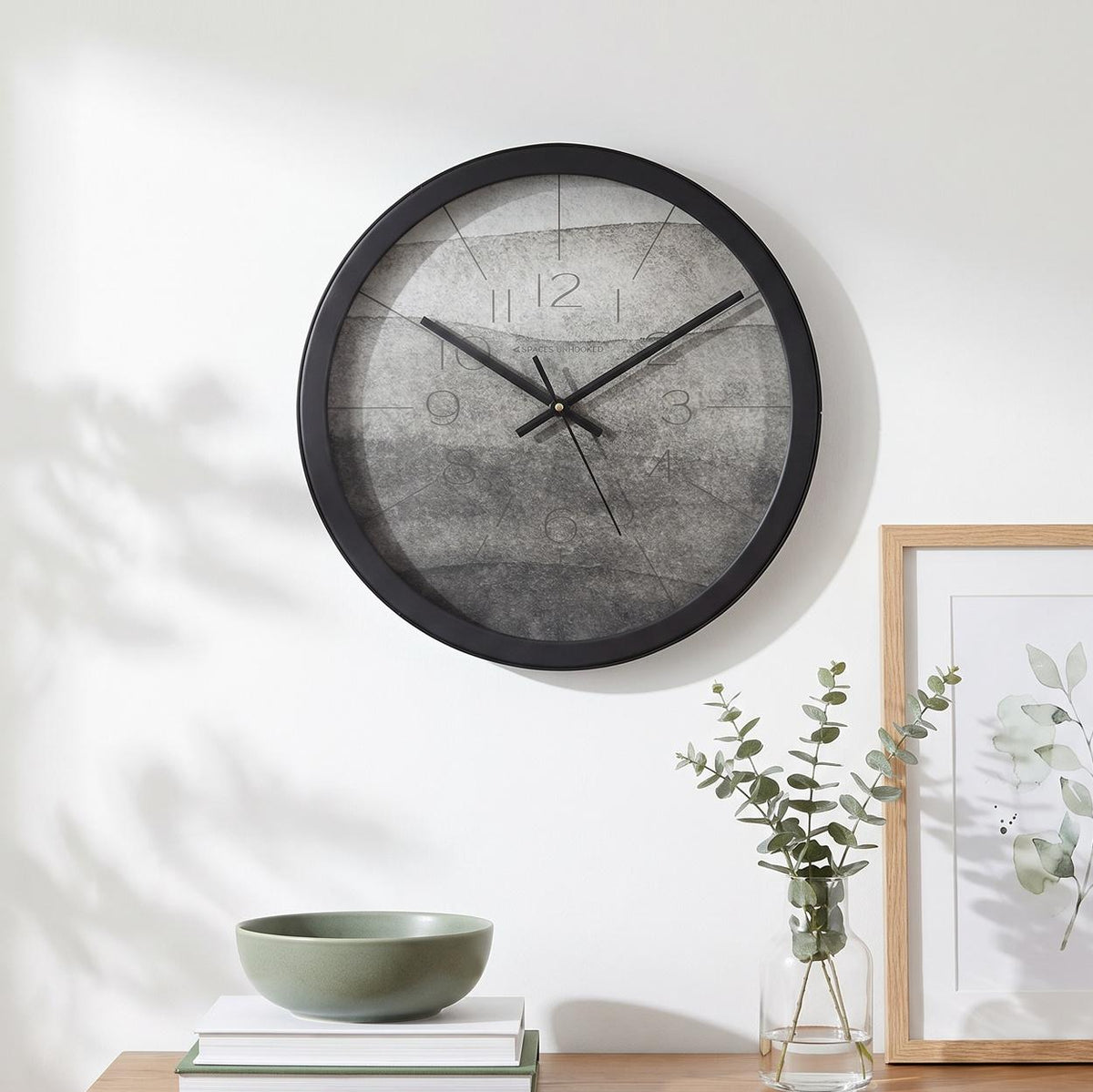 Spaces Unhooked Grey Watercolour Round Wall Clock, Calm Tones