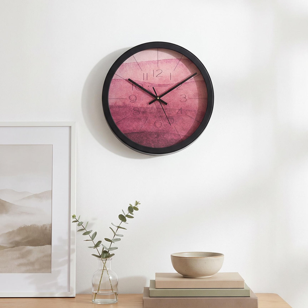 Spaces Unhooked Pink Watercolour Round Wall Clock, Berry Tones