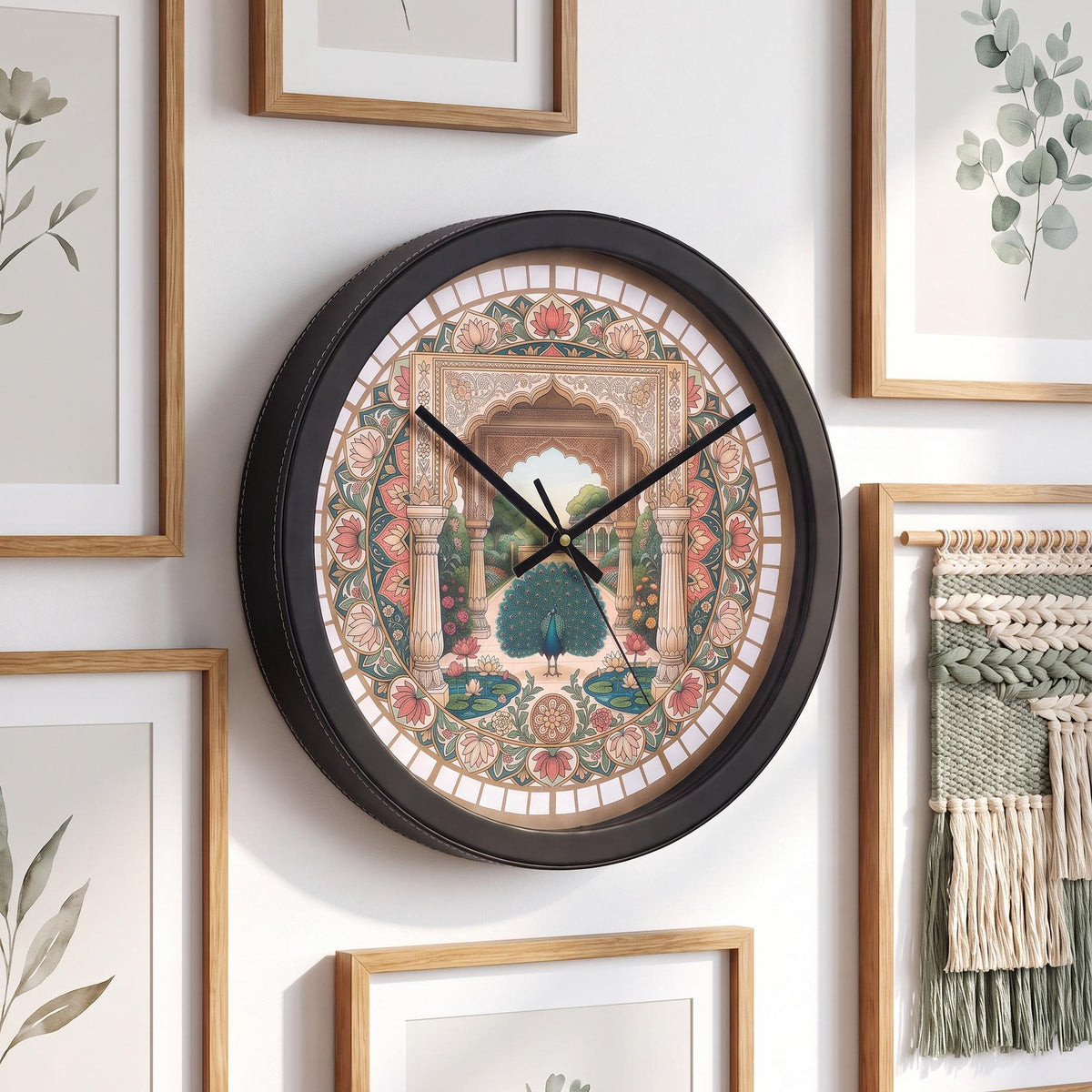 Spaces Unhooked Peacock Indian Art Round Wall Clock, Floral