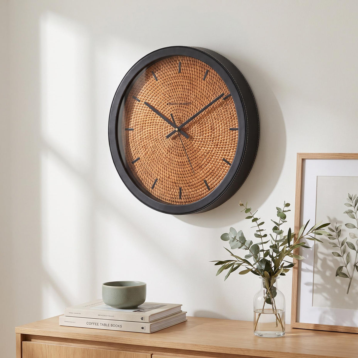 Spaces Unhooked Rattan Weave Look Round Wall Clock, Bar Markers