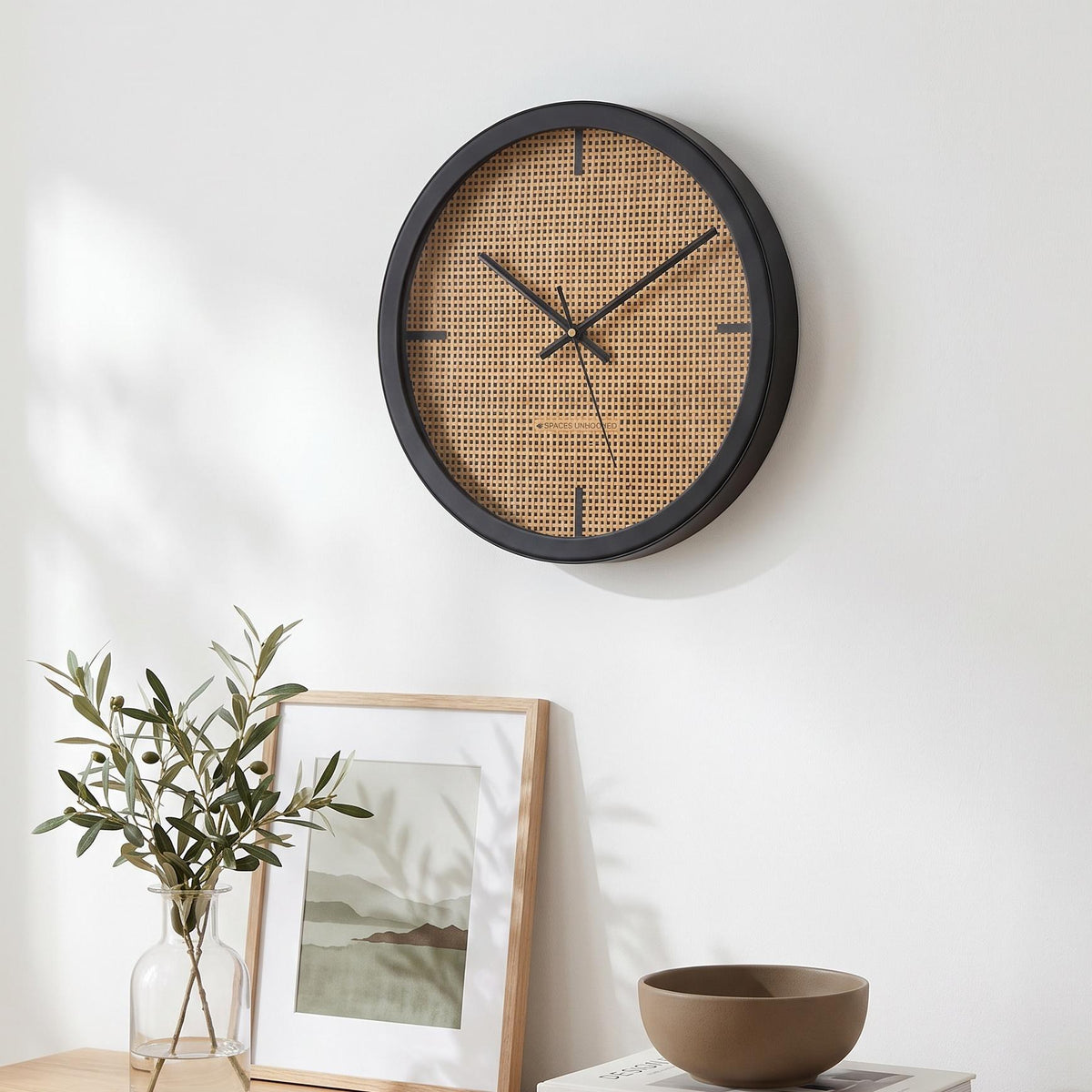 Spaces Unhooked Woven Cane Look Round Wall Clock, Honey Tone