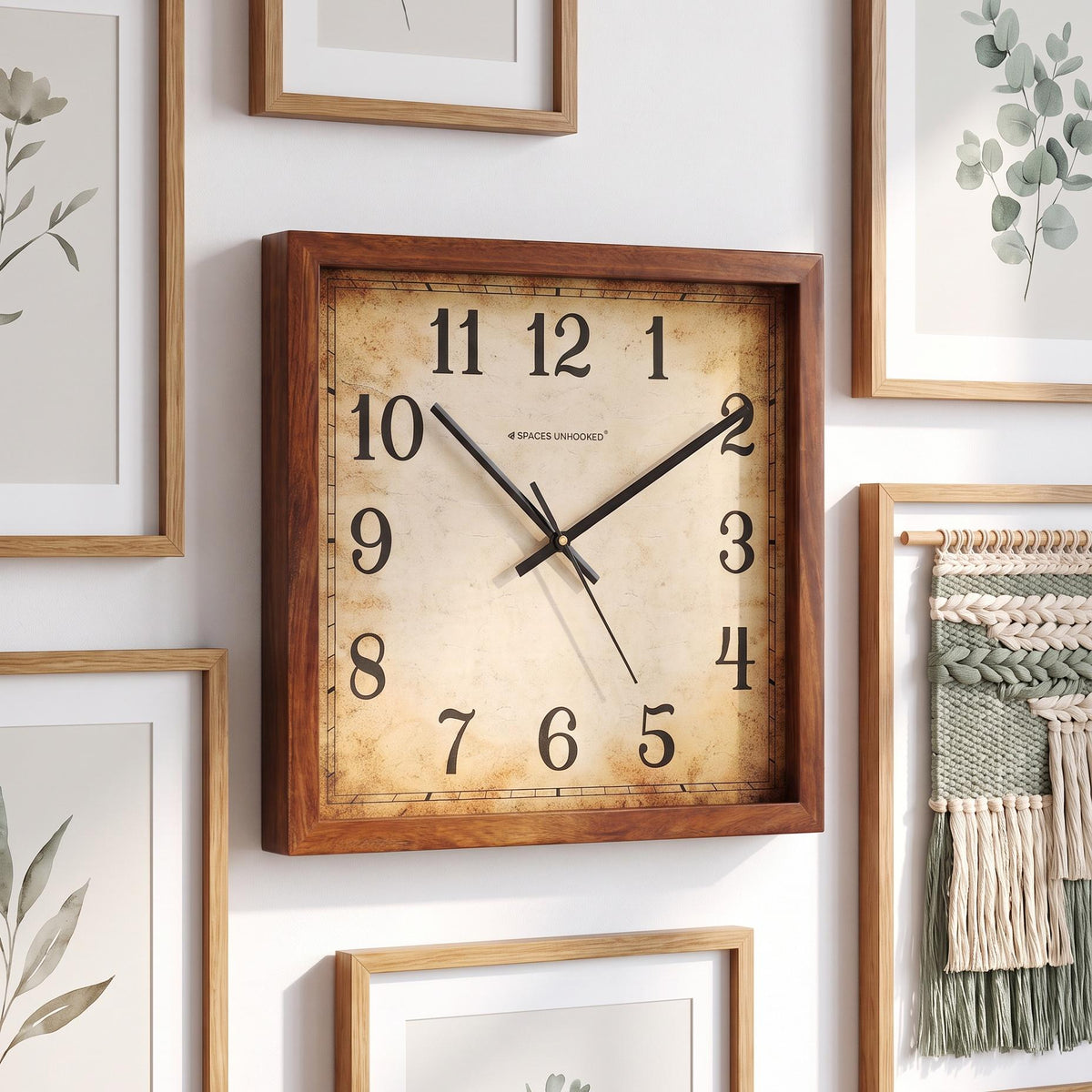 Antique-look wooden wall clock on a rustic hallway wall with terracotta and jute accents