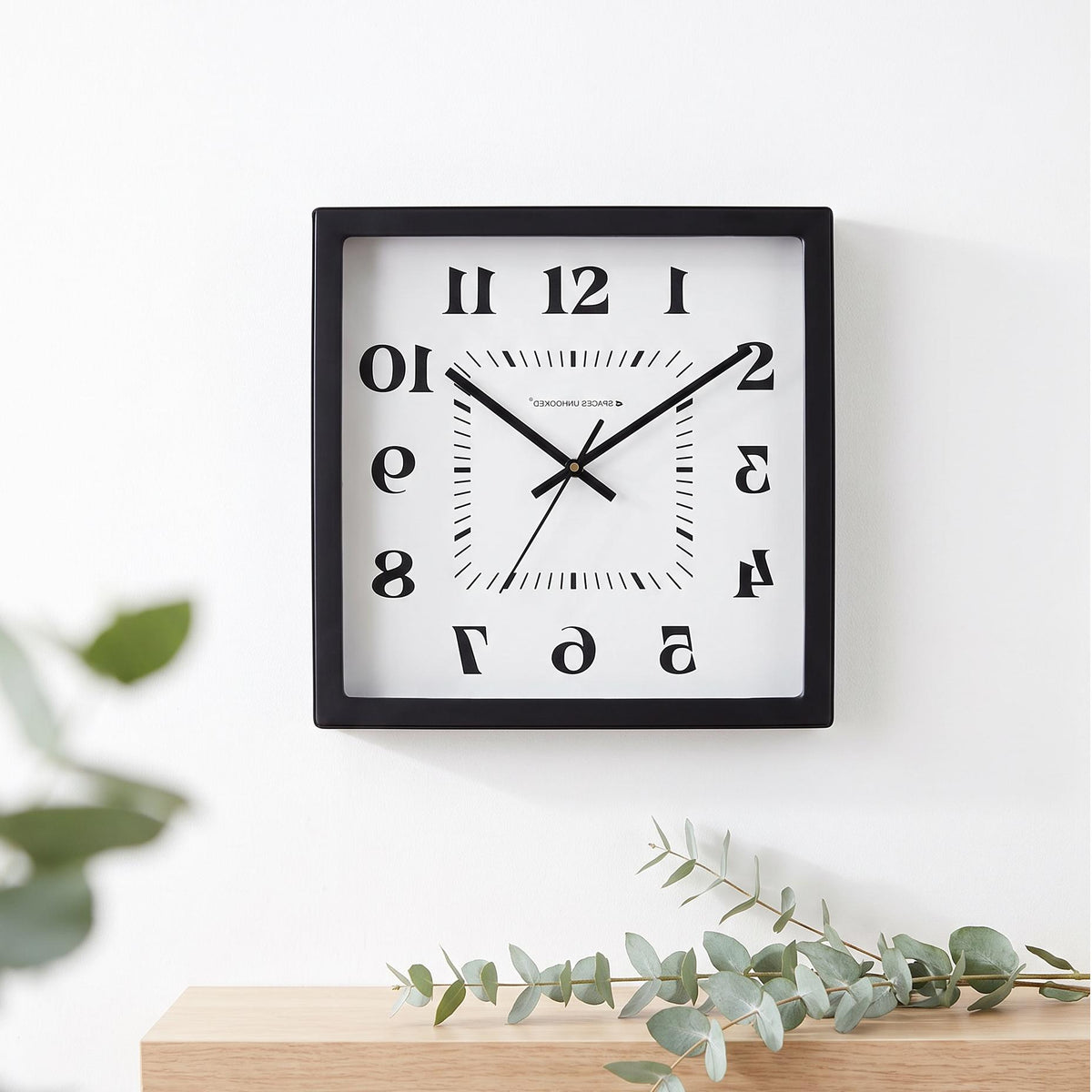 Black square frame and clear cover of a mirror numerals wall clock, close-up view