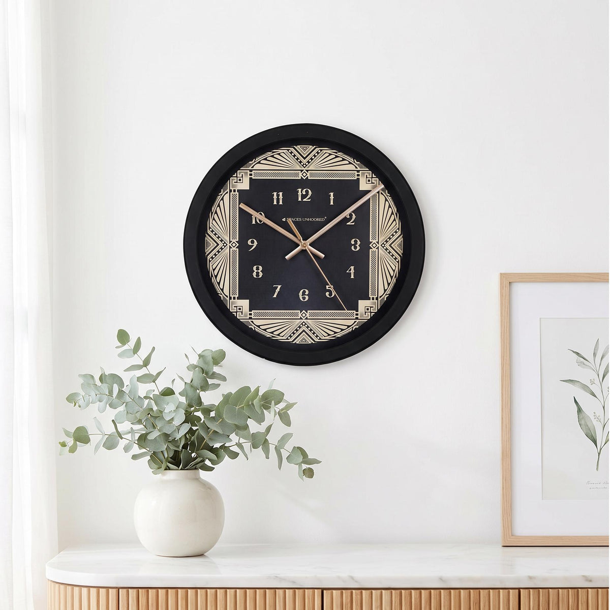 Spaces Unhooked Art Deco Round Wall Clock, Black and Cream
