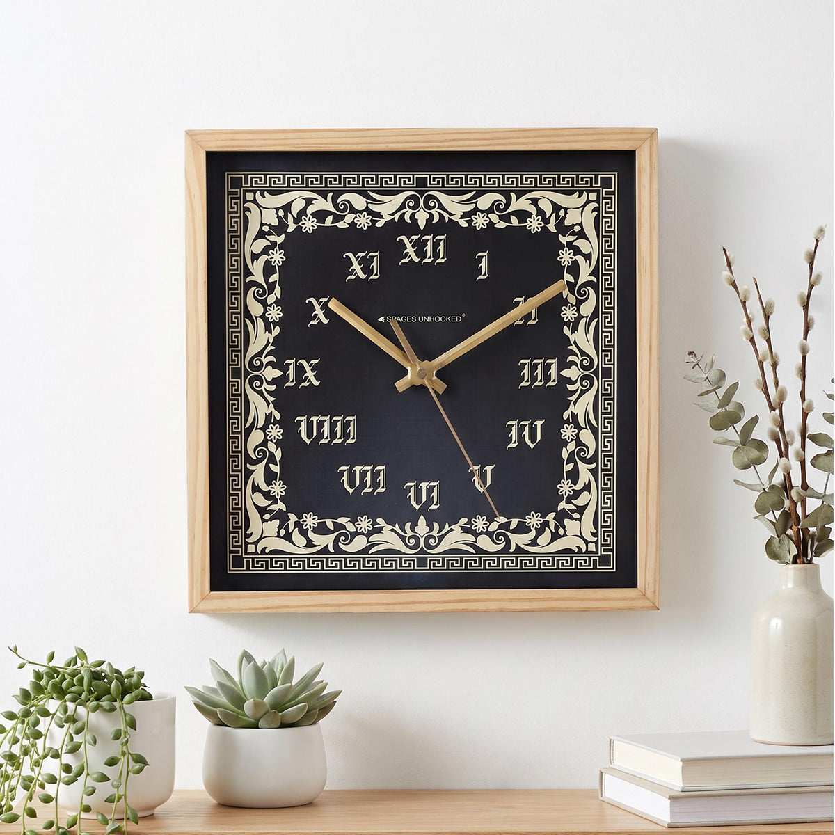 Spaces Unhooked Square Wooden Wall Clock, Black Dial, Roman Numerals