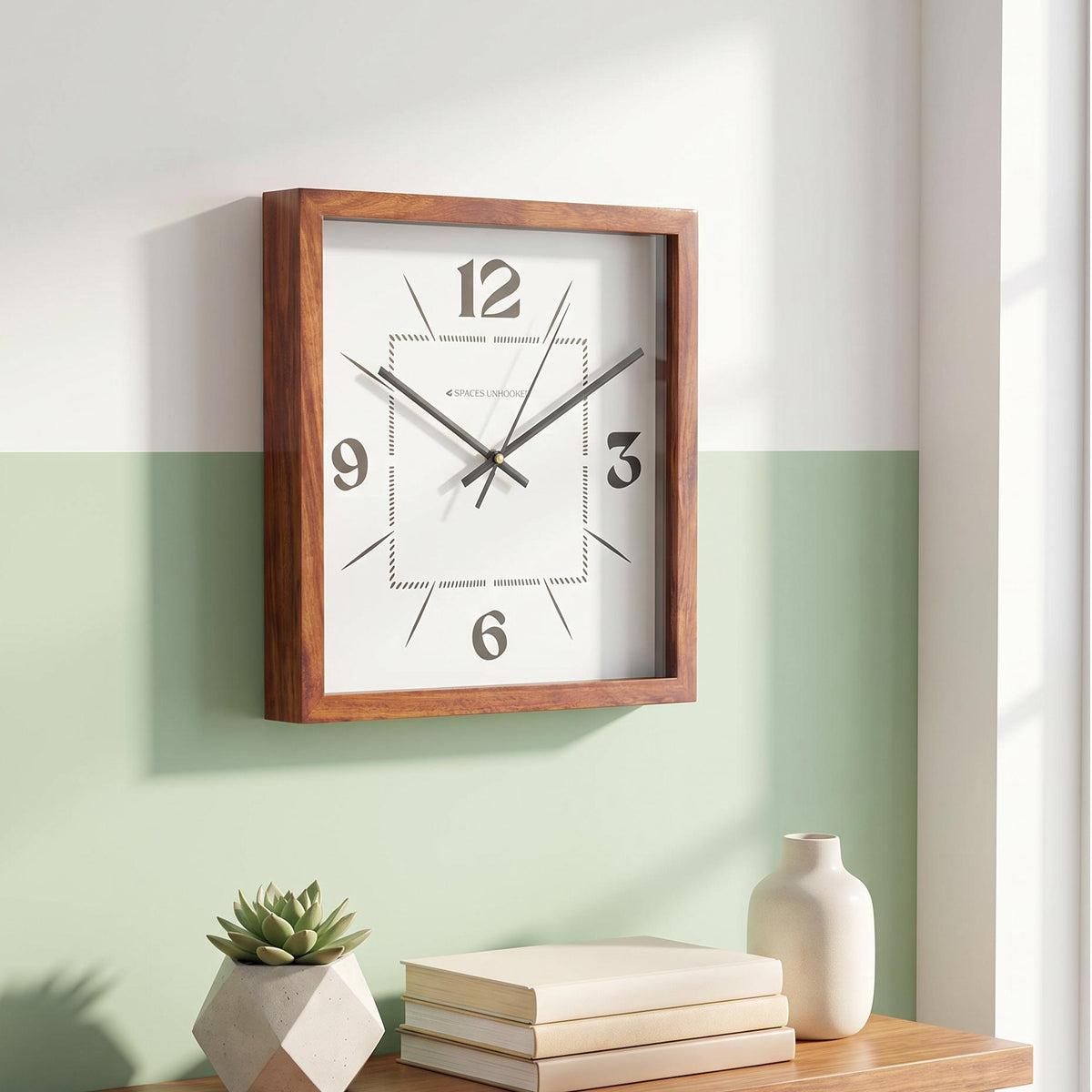 Reddish-brown wooden frame with natural grain and neat corners on a modern square wall clock