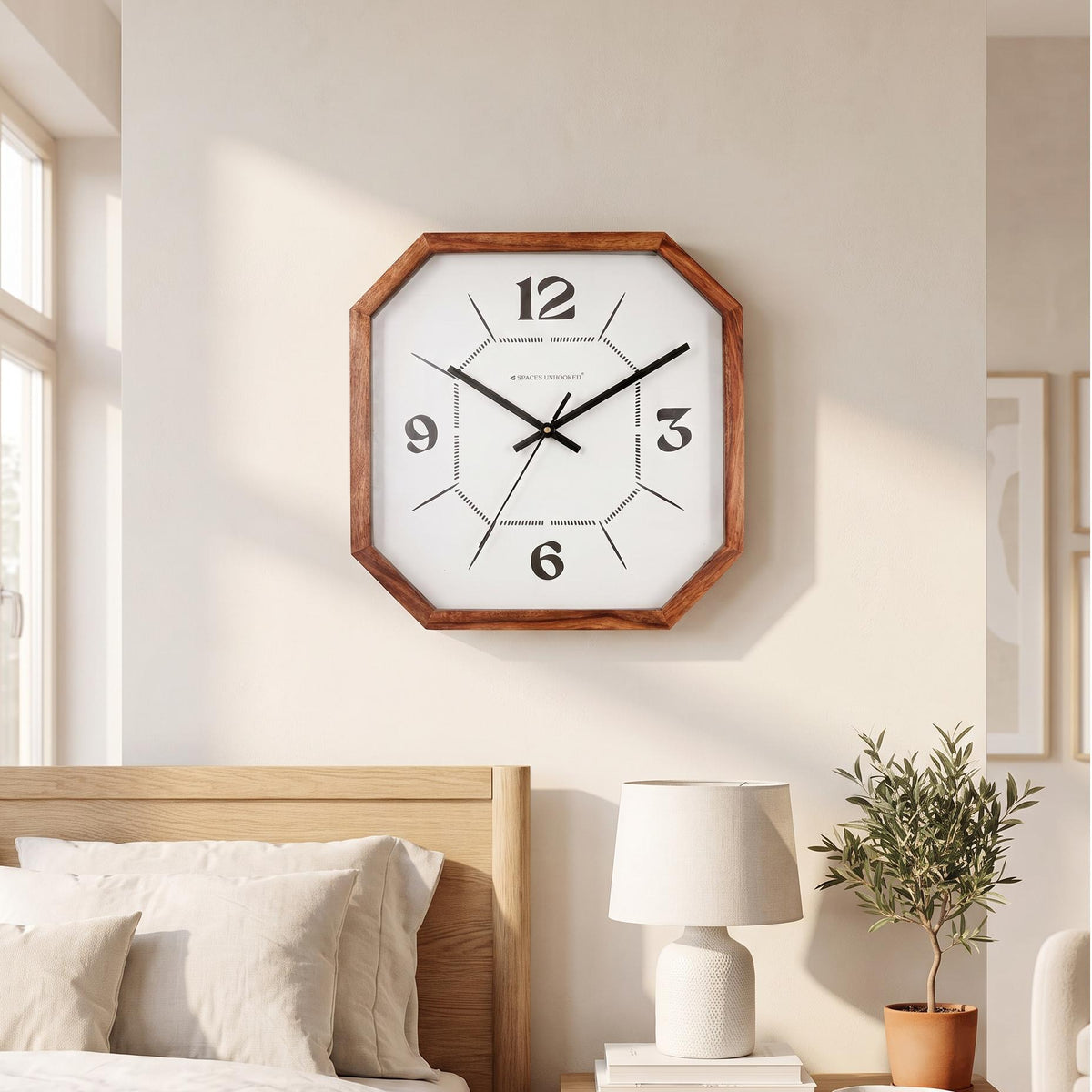 Reddish-brown octagonal wooden frame with natural grain and cut corners, close-up view