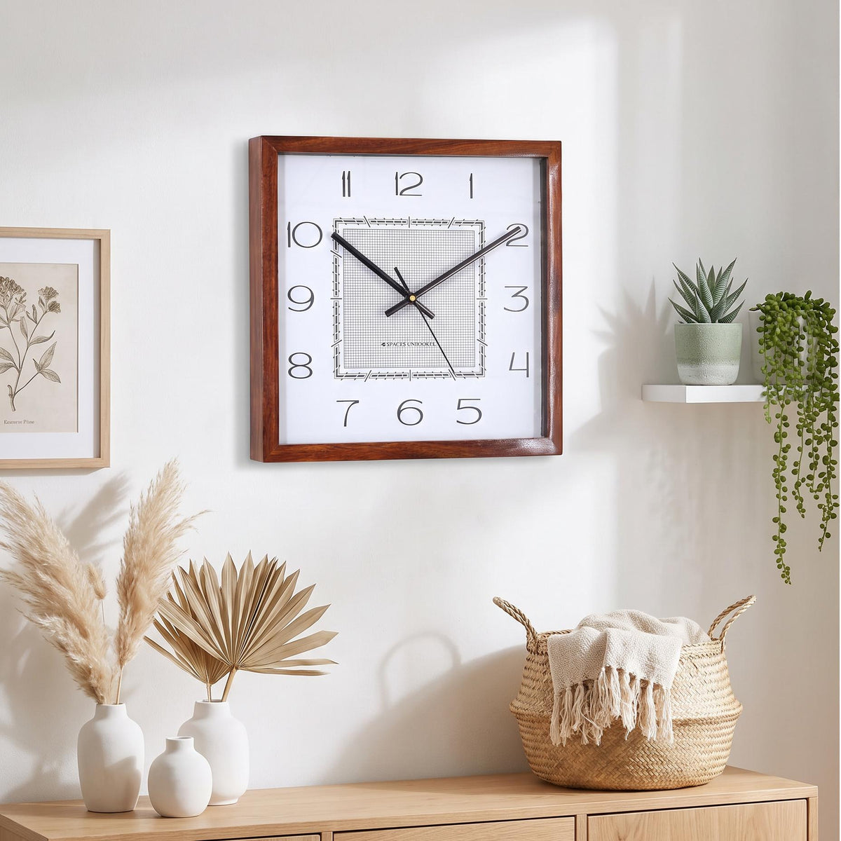 Glossy brown wooden frame with rounded edges and natural grain on a square wall clock