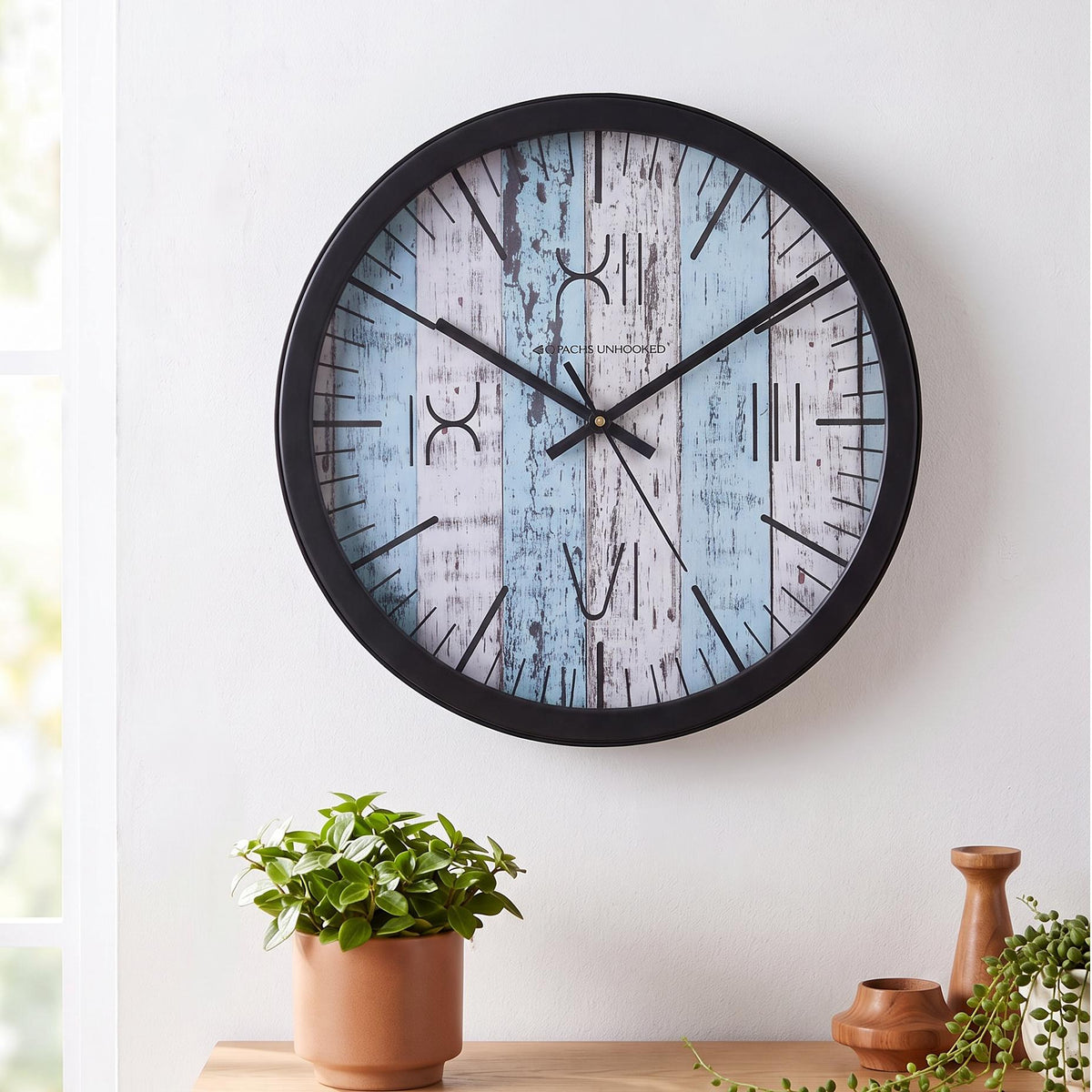 Spaces Unhooked Blue Distressed Plank Round Wall Clock