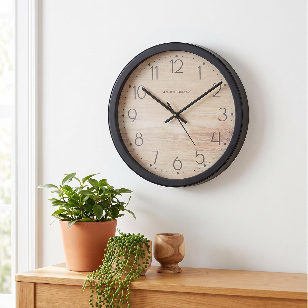 Spaces Unhooked Light Wood Look Round Wall Clock, Scandi Style