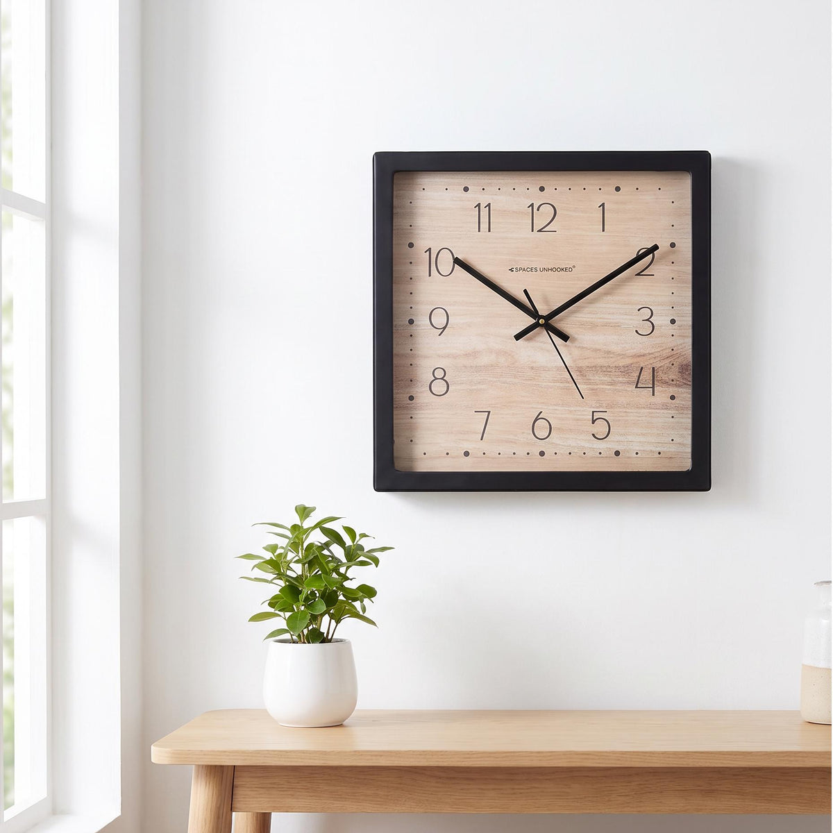 Spaces Unhooked Square Wall Clock, Light Wood Grain Dial, Black Frame