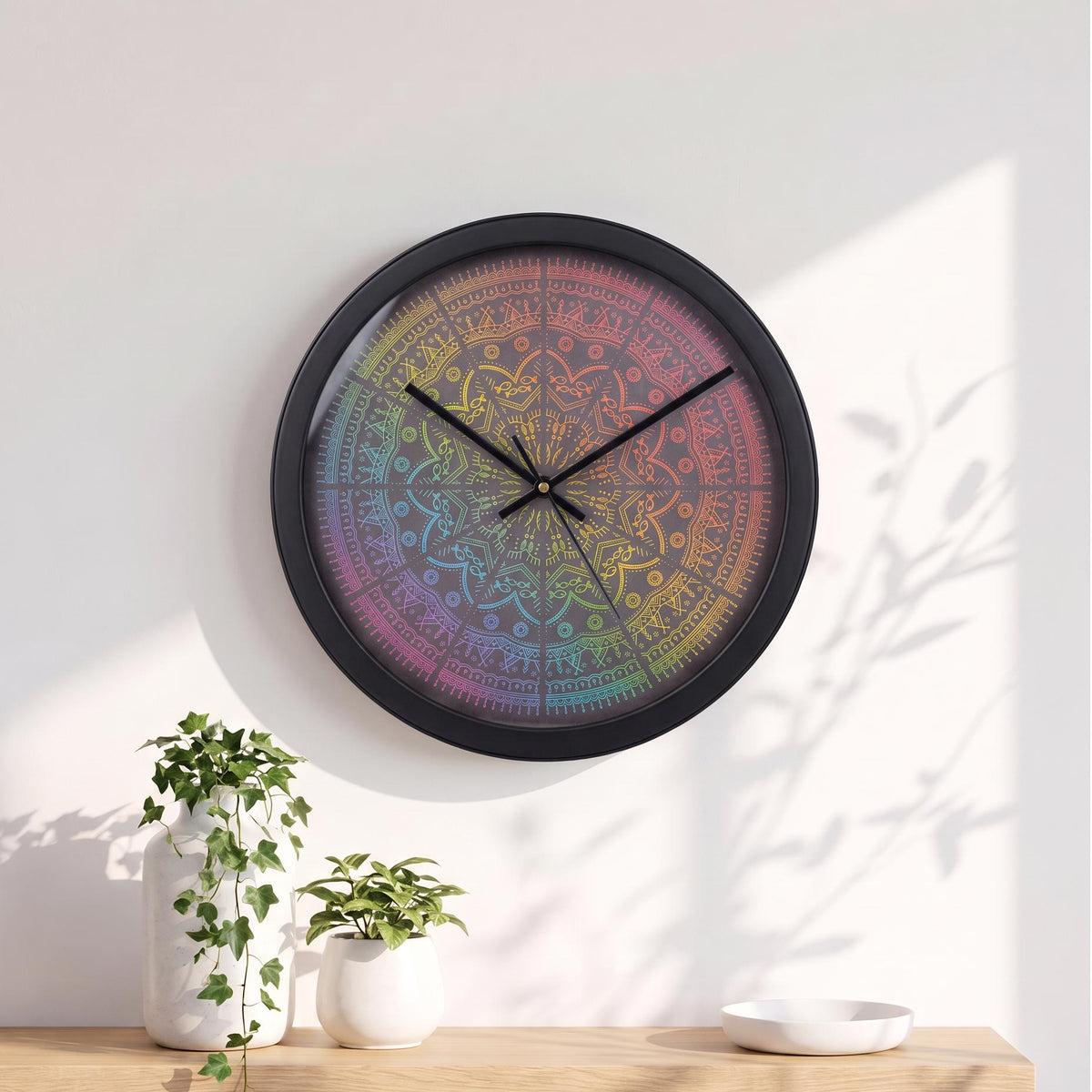Spaces Unhooked Rainbow Mandala Round Wall Clock, Dark Dial