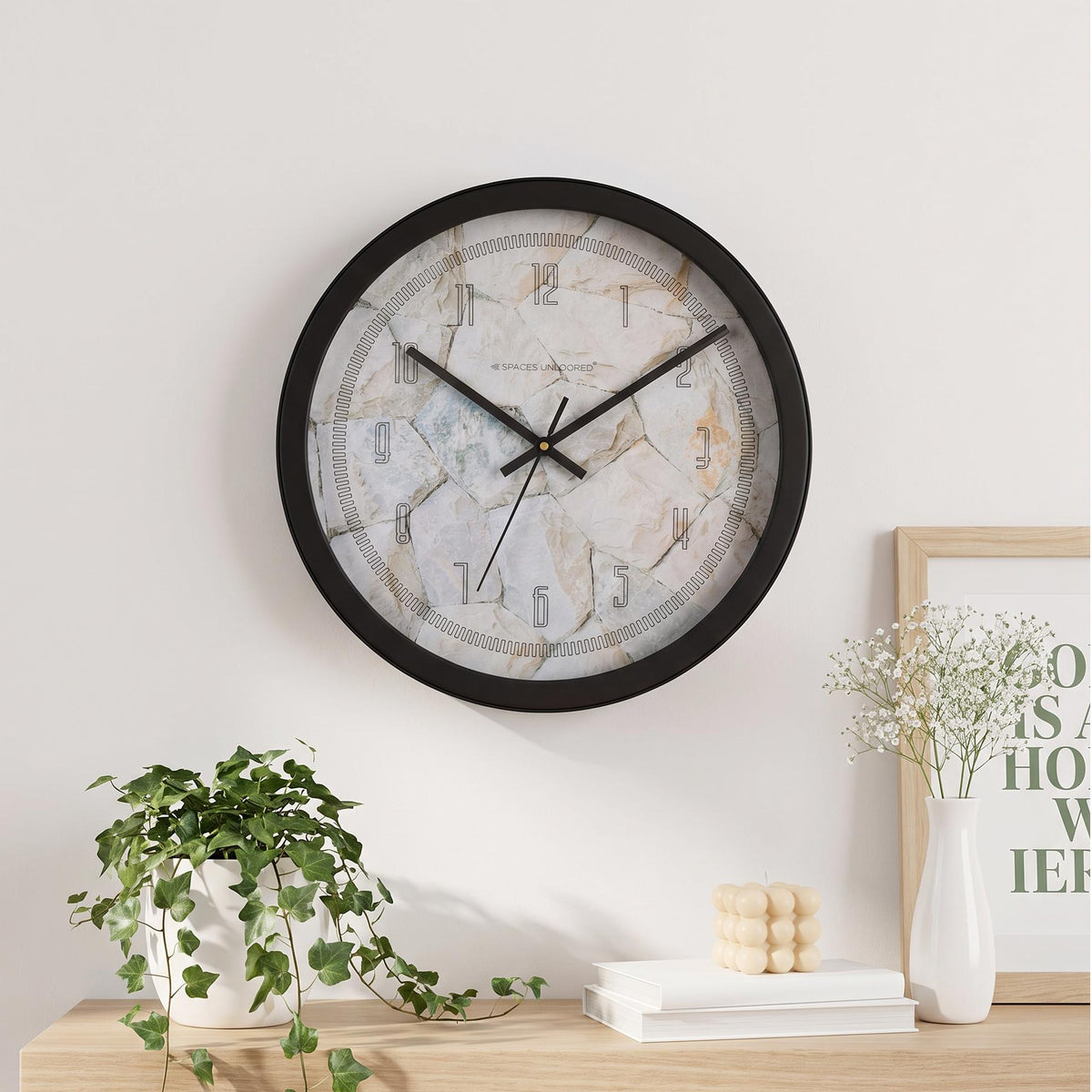 Spaces Unhooked Stone Texture Round Wall Clock, Outline Numerals