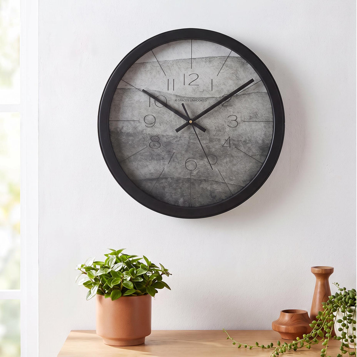 Spaces Unhooked Grey Watercolour Round Wall Clock, Calm Tones