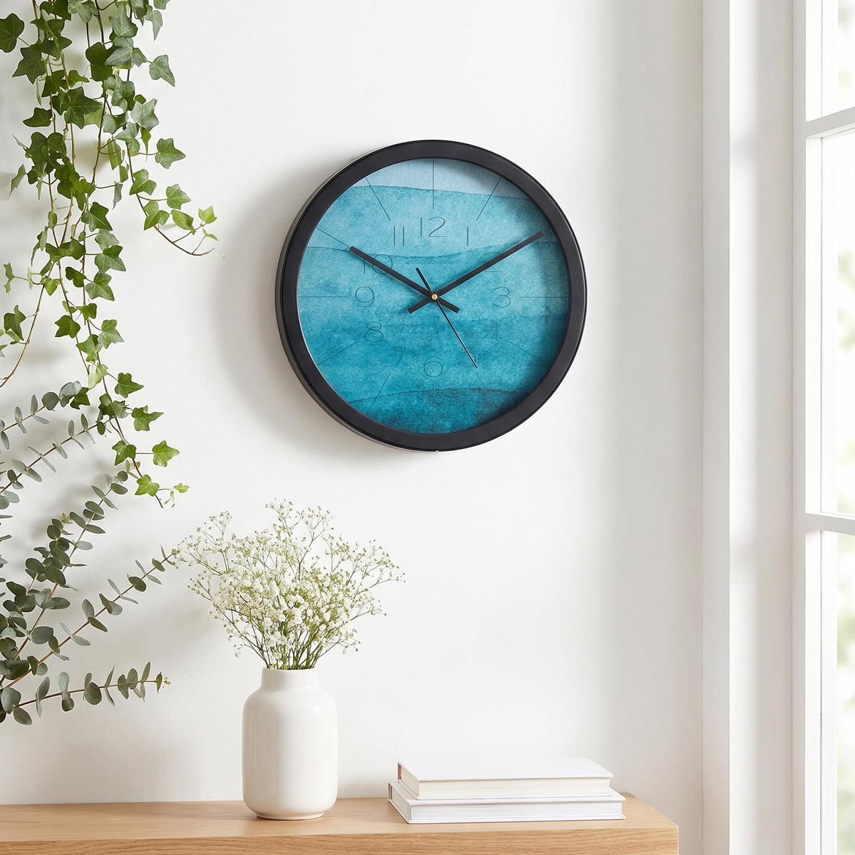 Spaces Unhooked Teal Watercolour Round Wall Clock, Ocean Blue