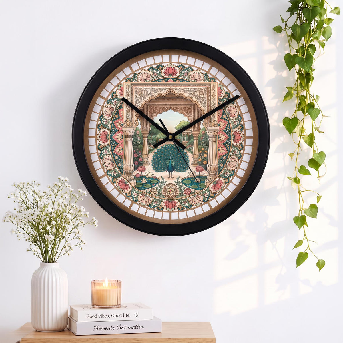 Spaces Unhooked Peacock Indian Art Round Wall Clock, Floral