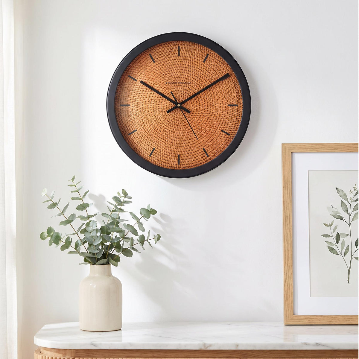 Spaces Unhooked Rattan Weave Look Round Wall Clock, Bar Markers