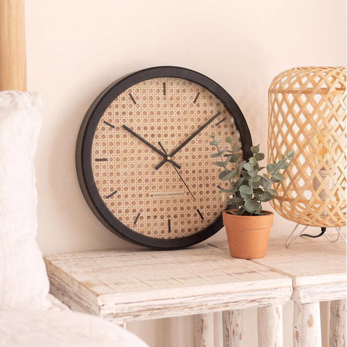 Spaces Unhooked Rattan Cane Look Round Wall Clock, Boho