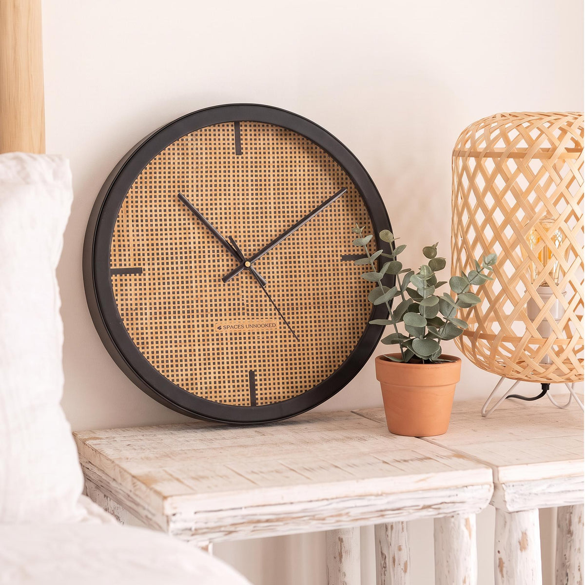 Spaces Unhooked Woven Cane Look Round Wall Clock, Honey Tone