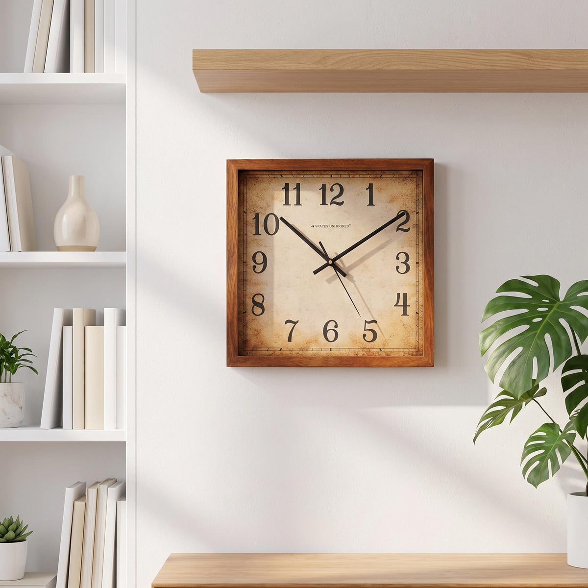 Warm reddish-brown wooden frame with visible grain on a vintage square wall clock, close-up