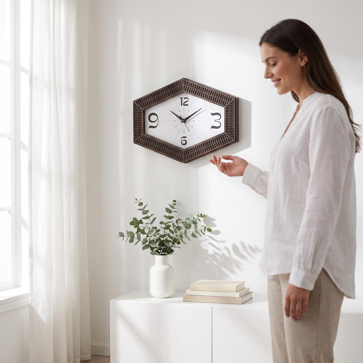 Spaces Unhooked Hexagonal Wall Clock, Dark Brown Lattice Frame