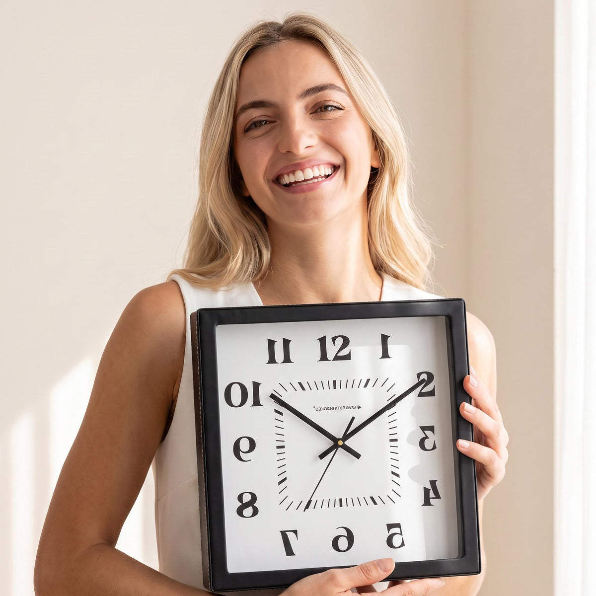 Mirror numerals wall clock above a feature wall above a sofa