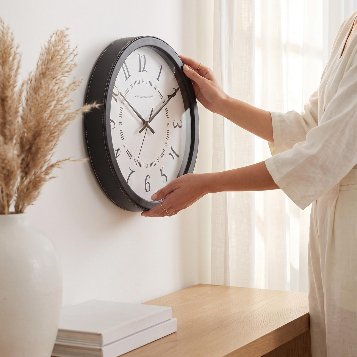 Spaces Unhooked Round Wall Clock, Calligraphic Numerals, 24-Hour Ring