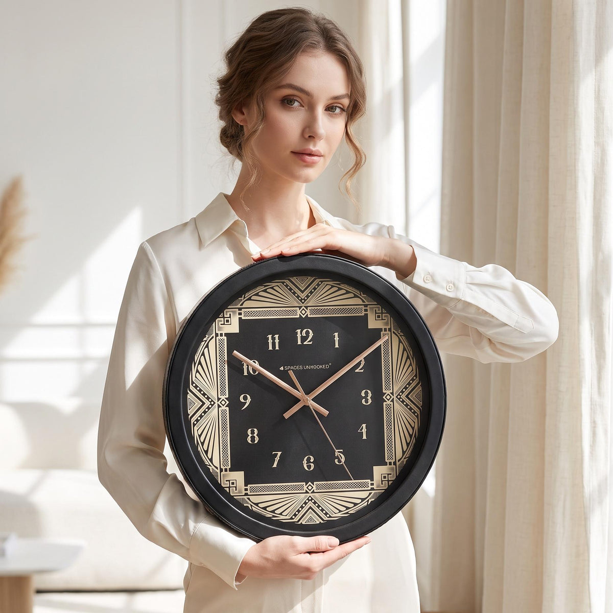 Spaces Unhooked Art Deco Round Wall Clock, Black and Cream