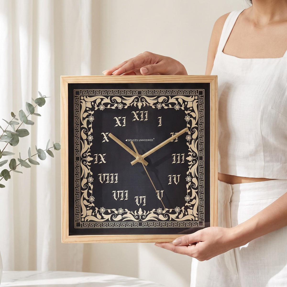 Spaces Unhooked Square Wooden Wall Clock, Black Dial, Roman Numerals