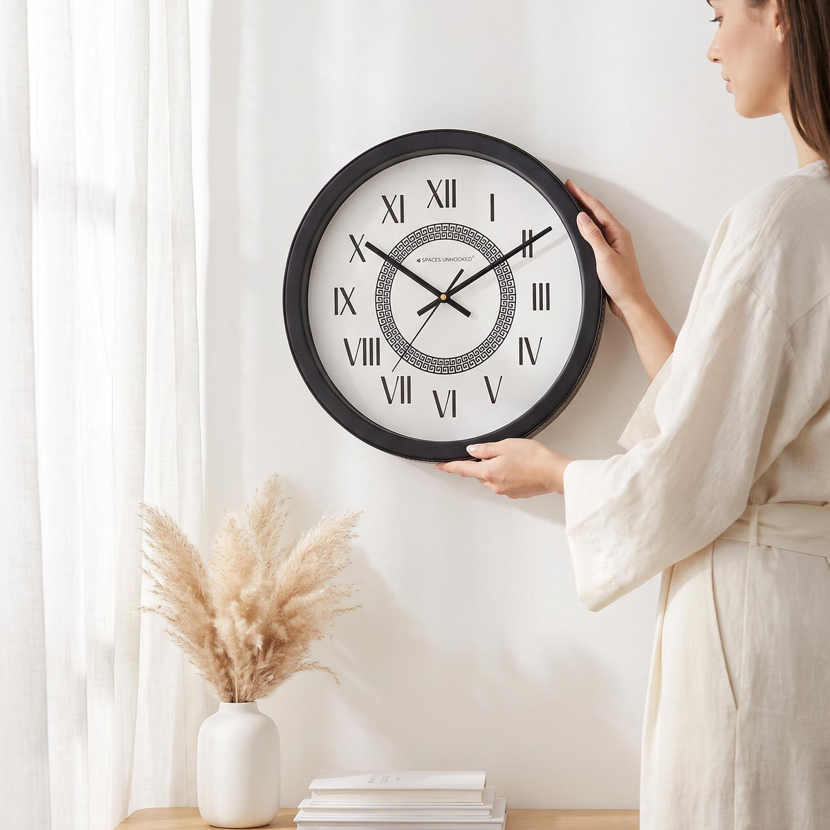 Spaces Unhooked Round Wall Clock, Roman Numerals, Greek Key Centre