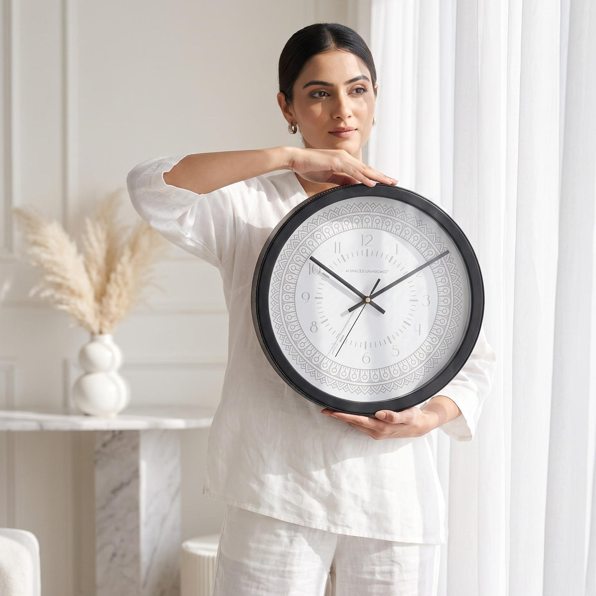 Spaces Unhooked Grey Mandala Round Wall Clock, White Dial