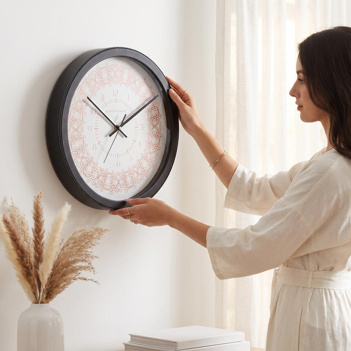 Spaces Unhooked Round Wall Clock, Coral Filigree Pattern, White Dial