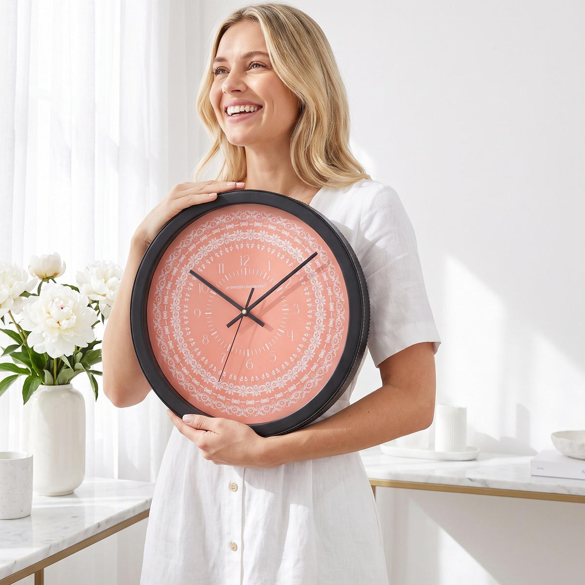 Spaces Unhooked Coral Mandala Round Wall Clock, Floral Lace Dial