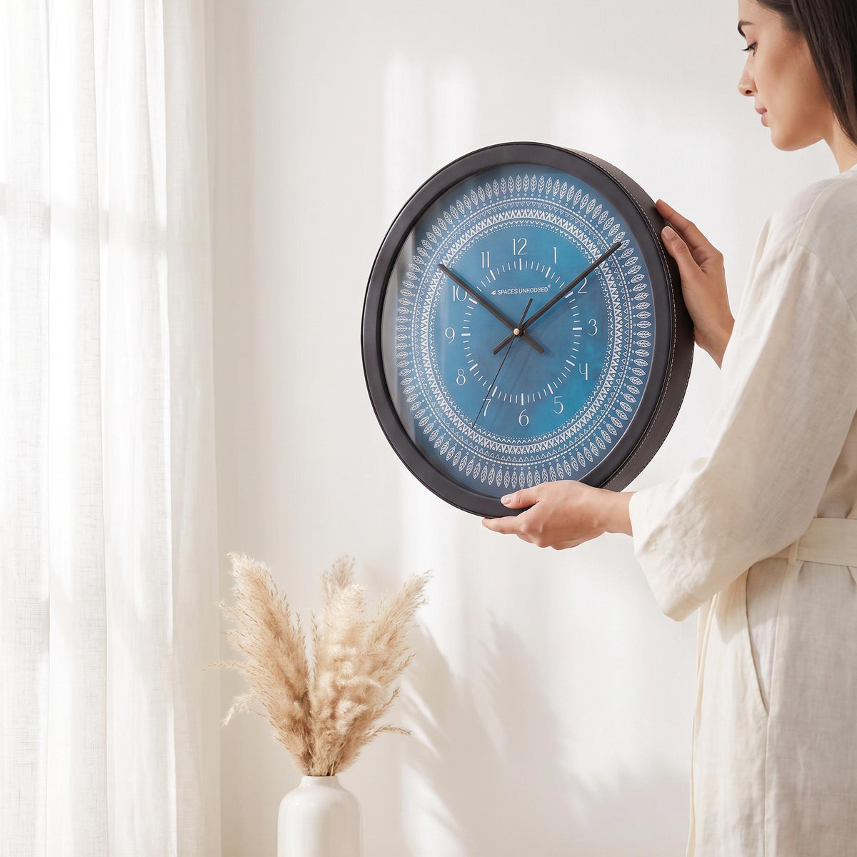 Spaces Unhooked Round Wall Clock, Teal Blue Dial, Leaf Mandala Pattern
