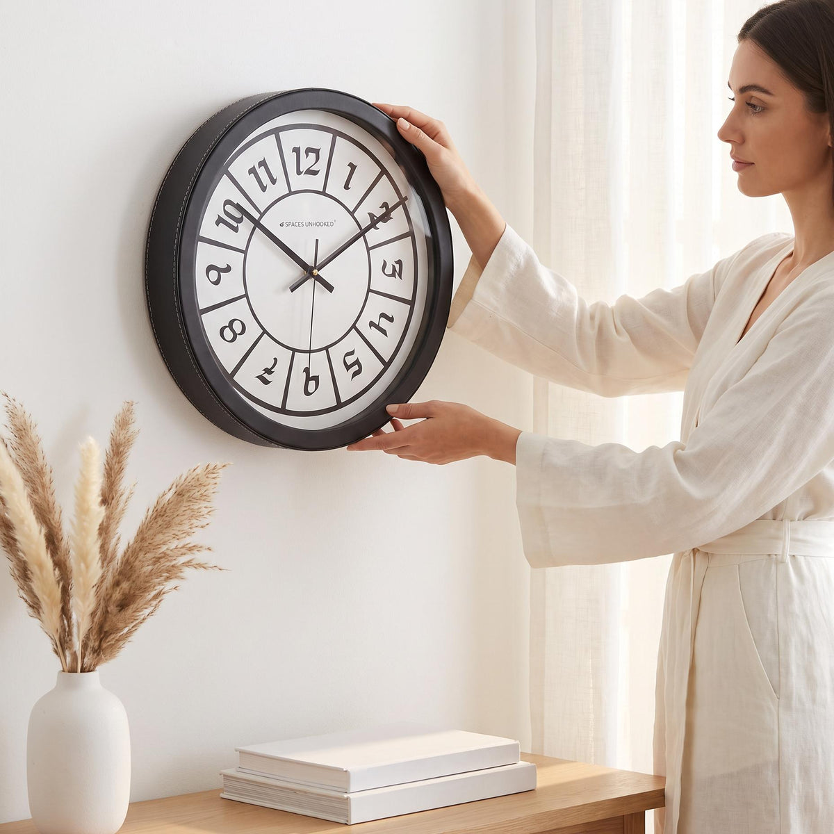 Spaces Unhooked Round Wall Clock, Boxed Numerals, Black and White Dial