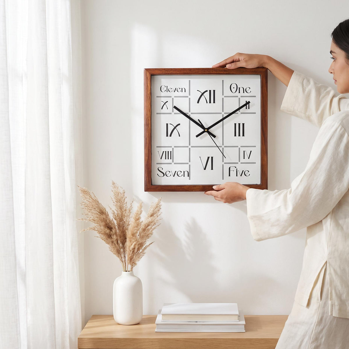 Spaces Unhooked Square Wooden Wall Clock, Roman Numerals and Words