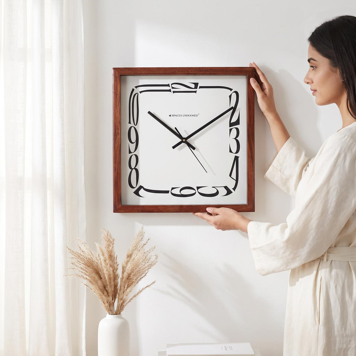Spaces Unhooked Square Wooden Wall Clock, Warped Numerals, Brown Frame