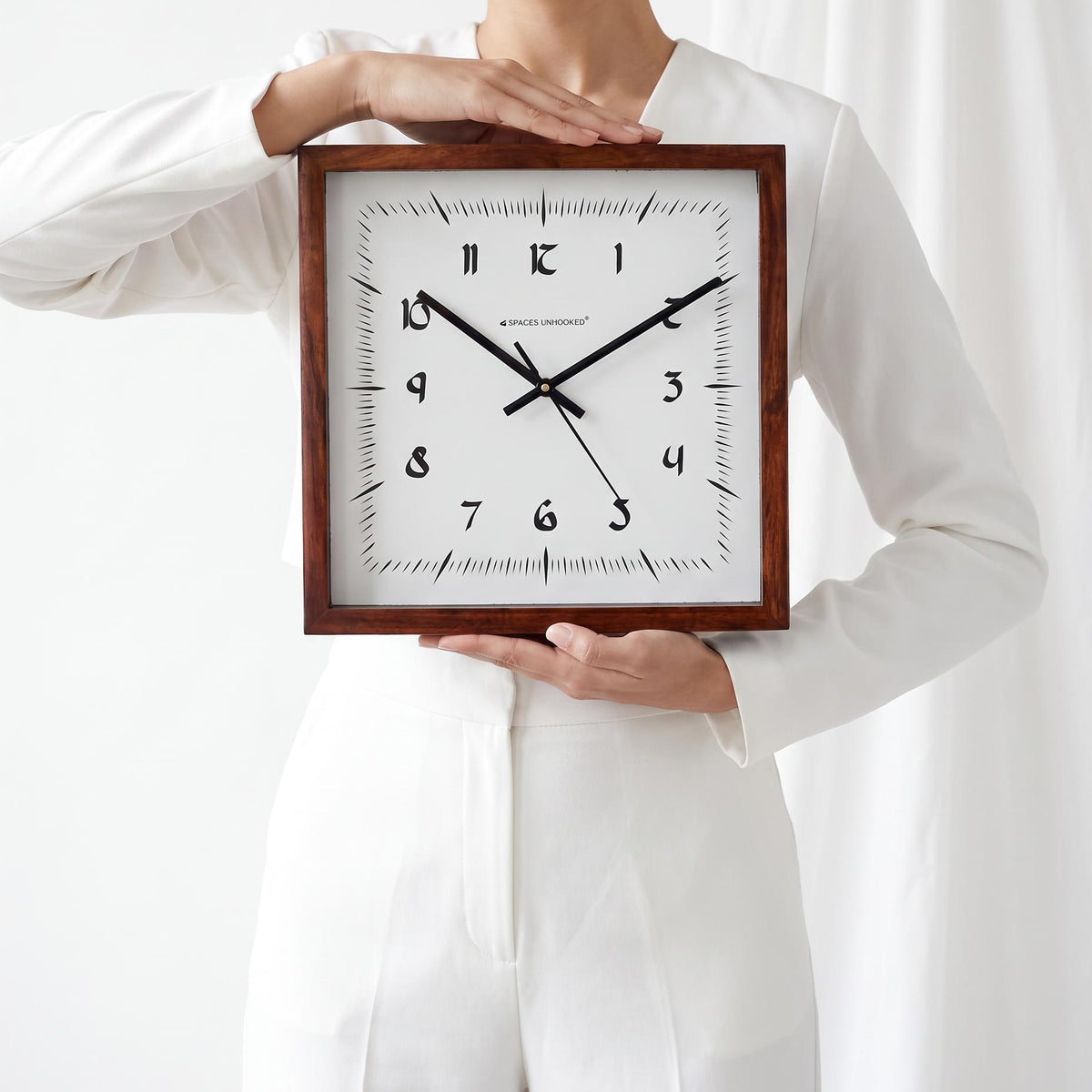 Spaces Unhooked Square Wooden Wall Clock, Vintage Sunburst Dial