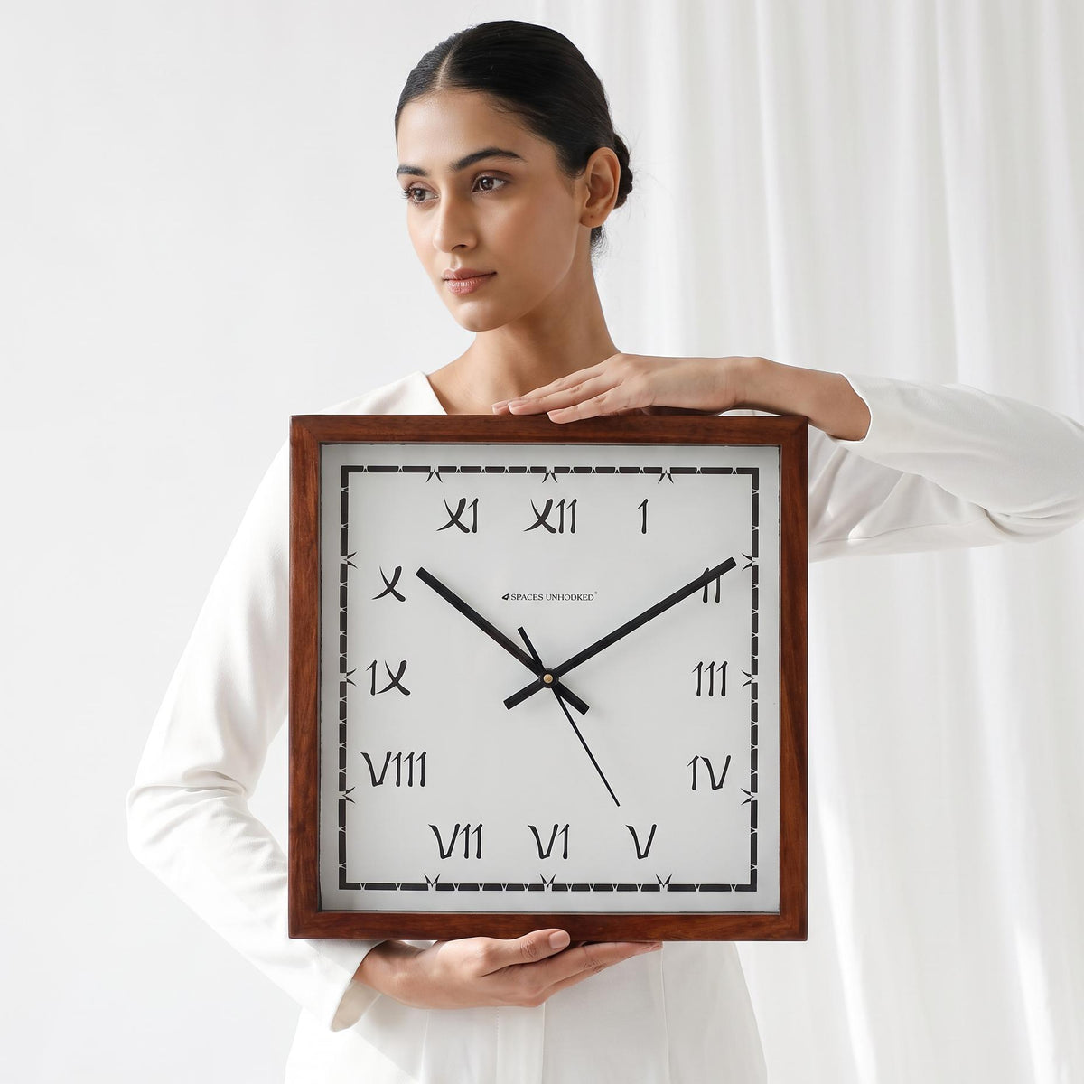 Spaces Unhooked Square Wooden Wall Clock, Quirky Roman Numerals