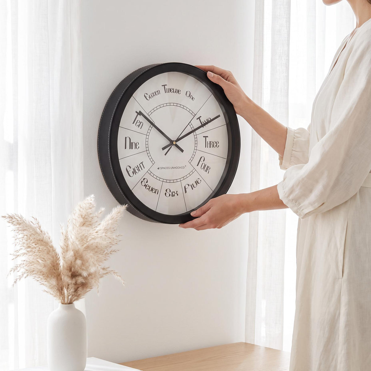 Spaces Unhooked Round Wall Clock, Number Words Dial, Black Frame