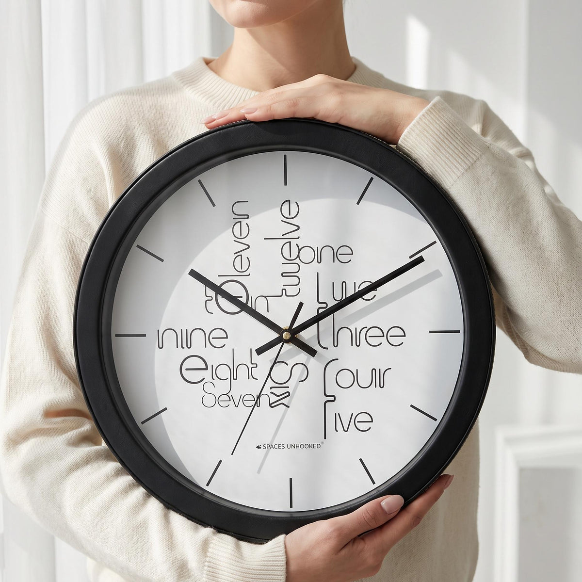 Spaces Unhooked Round Wall Clock, Typography Number Words, Black Frame