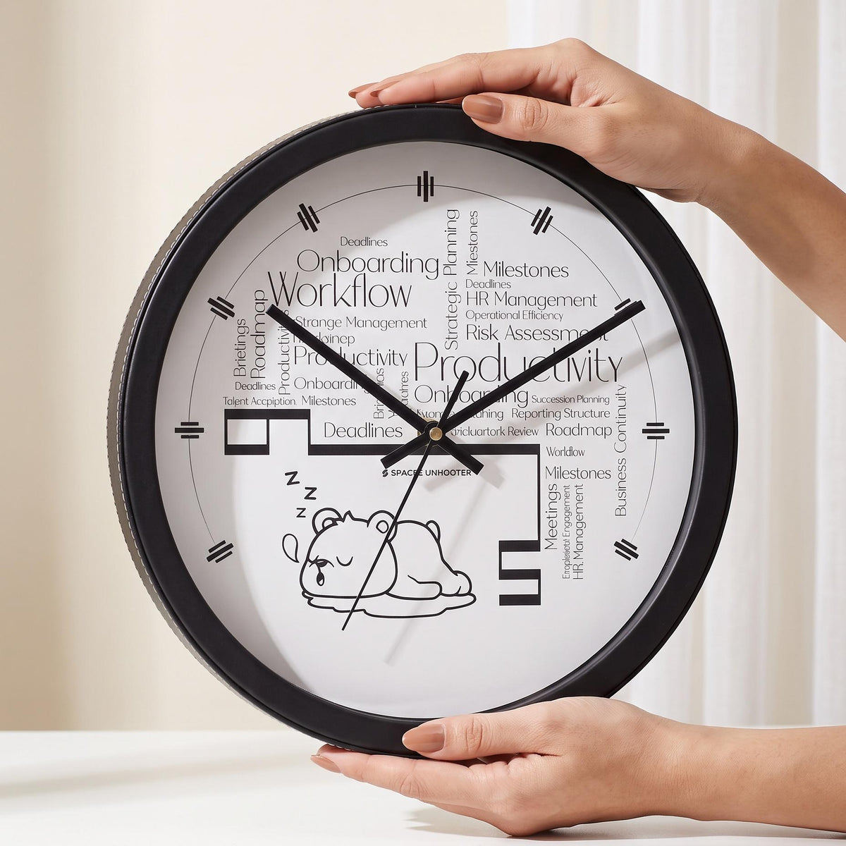 Spaces Unhooked Office Wall Clock, Word Cloud, Sleepy Bear